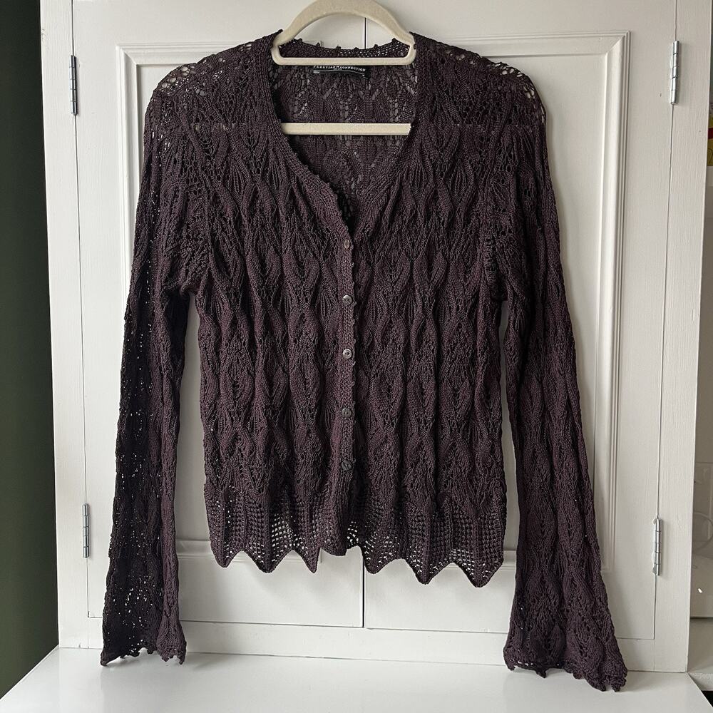 Peruvian Connection Fig Cherie Hand Crocheted Button Front Lace Cardigan M